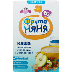 Каша молочная ФрутоНяня Пшеничная с яблоками и земляникой быстрорастворимая, с 6 месяцев, 200 г